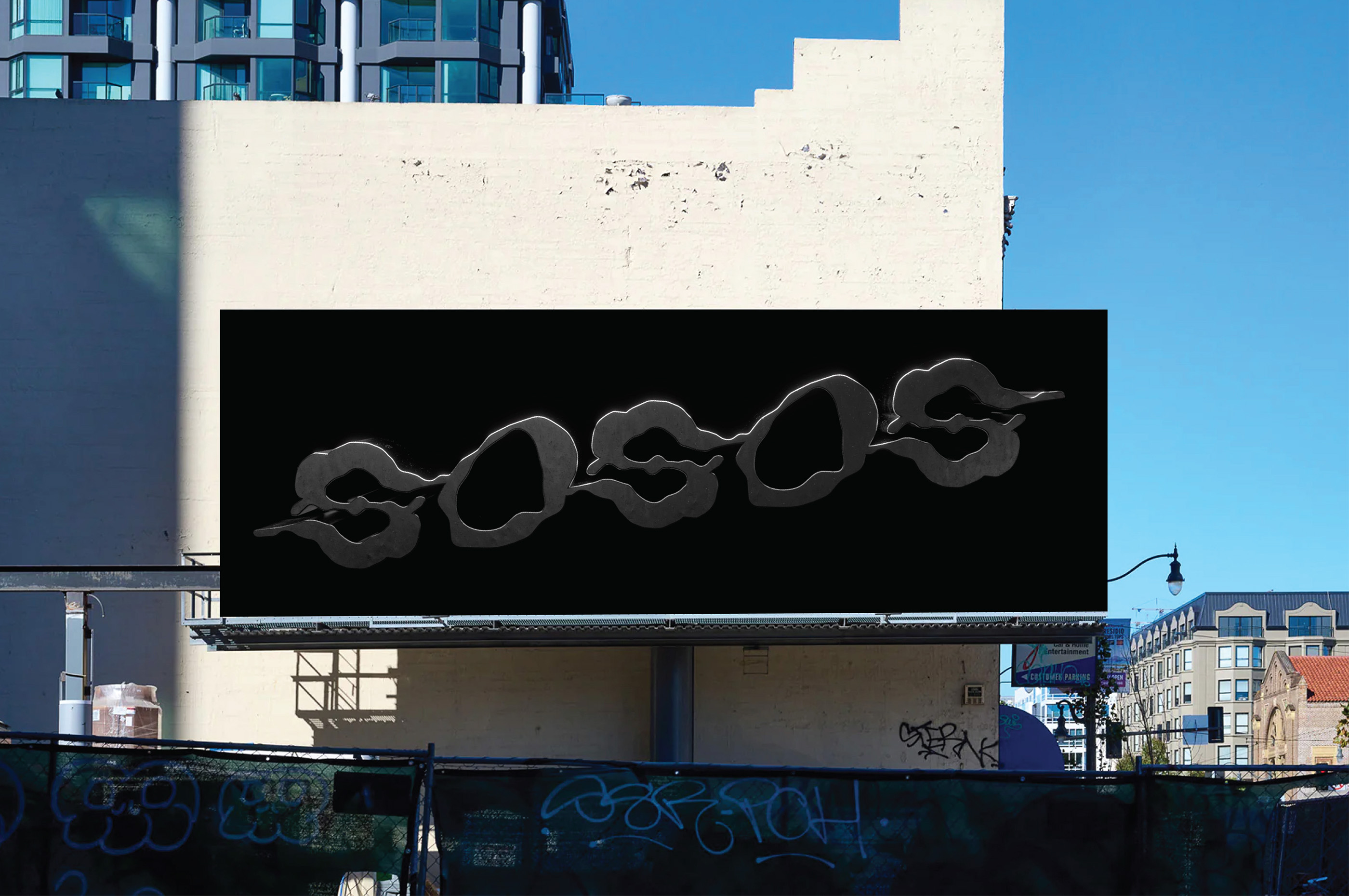 Design and production for and with SOSOS a dynamic wordmark and logo formed by an abstrct depiction of two performers joining together to become a fixed paired unit applied on billboard.